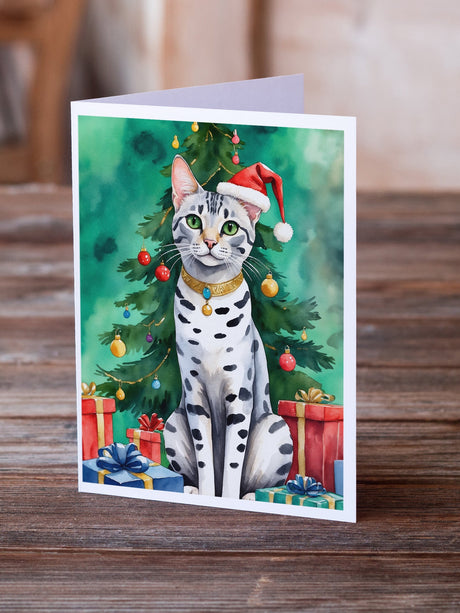 Egyptian Mau Cat By the Christmas Tree Greeting Cards Pack of 8