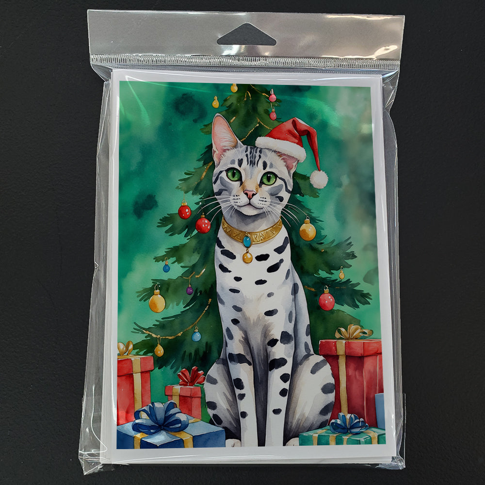 Egyptian Mau Cat By the Christmas Tree Greeting Cards Pack of 8