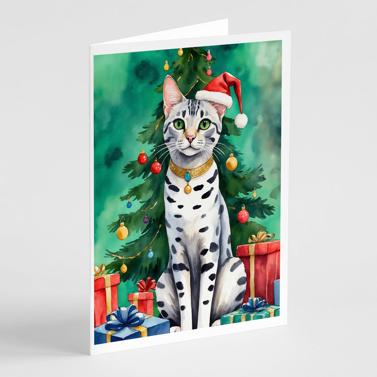 Egyptian Mau Cat By the Christmas Tree Greeting Cards Pack of 8