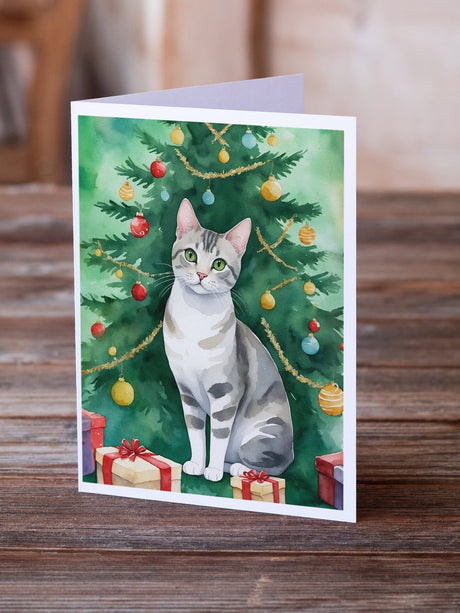 European Shorthair Cat By the Christmas Tree Greeting Cards Pack of 8