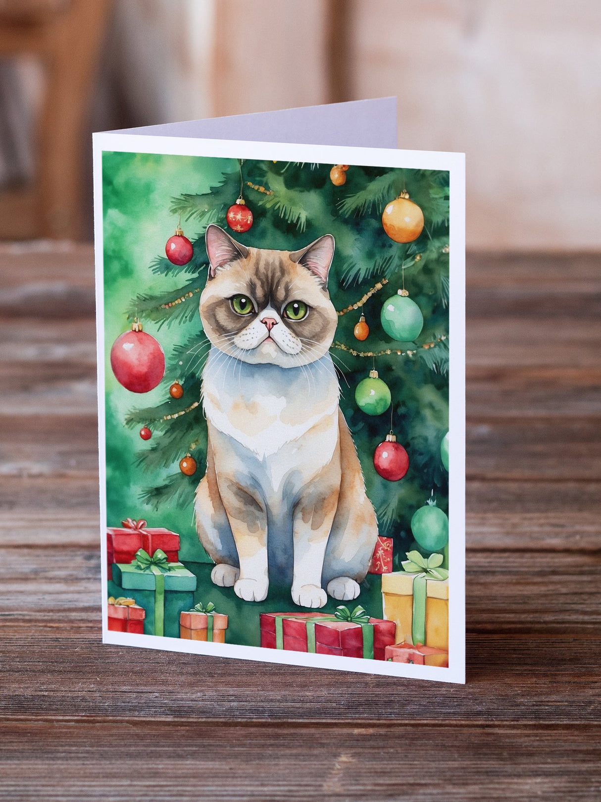 Exotic Shorthair Cat By the Christmas Tree Greeting Cards Pack of 8