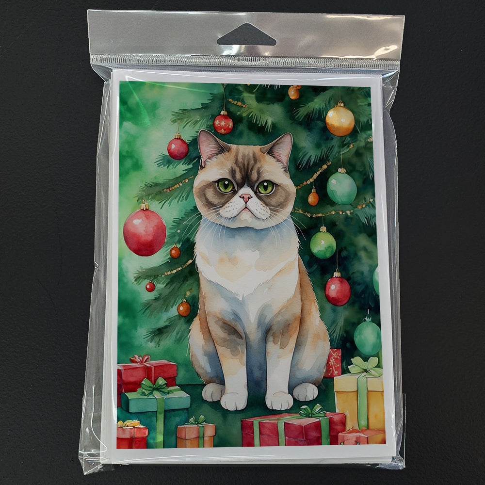 Exotic Shorthair Cat By the Christmas Tree Greeting Cards Pack of 8