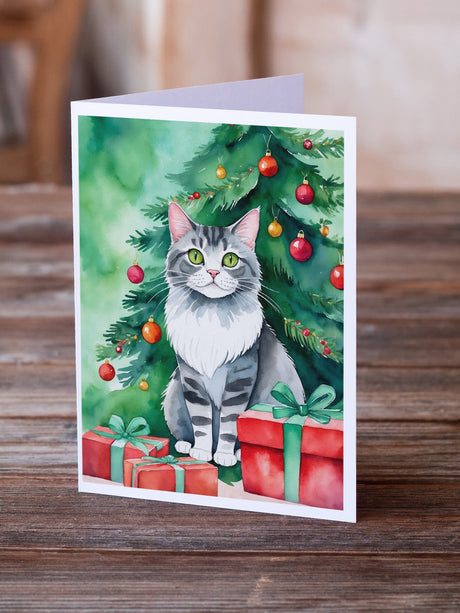 Foldex Exotic Fold Cat By the Christmas Tree Greeting Cards Pack of 8