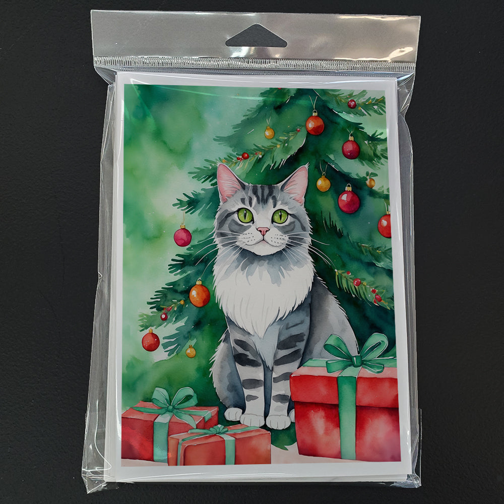 Foldex Exotic Fold Cat By the Christmas Tree Greeting Cards Pack of 8