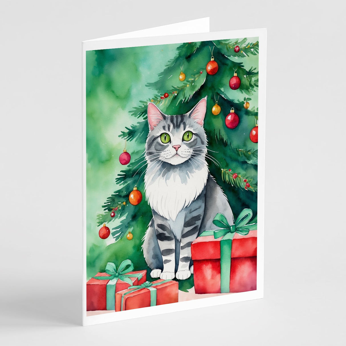 Foldex Exotic Fold Cat By the Christmas Tree Greeting Cards Pack of 8