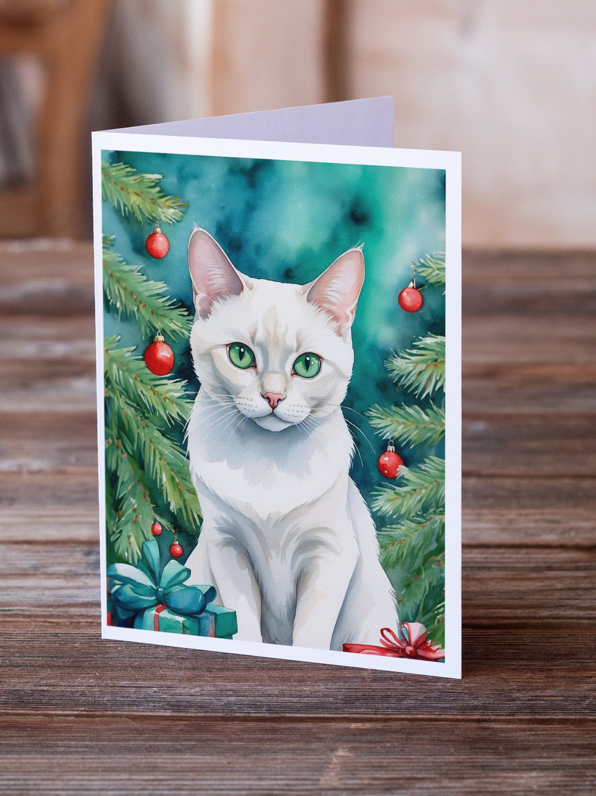 Foreign White Cat By the Christmas Tree Greeting Cards Pack of 8