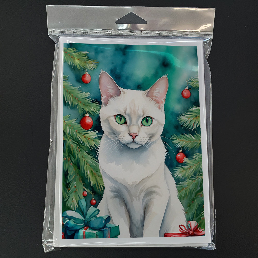 Foreign White Cat By the Christmas Tree Greeting Cards Pack of 8