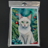 Foreign White Cat By the Christmas Tree Greeting Cards Pack of 8