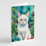 Foreign White Cat By the Christmas Tree Greeting Cards Pack of 8