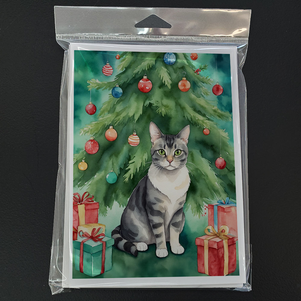 German Rex Cat By the Christmas Tree Greeting Cards Pack of 8