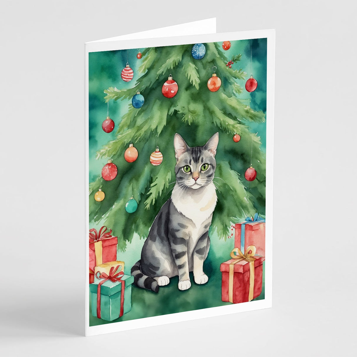 German Rex Cat By the Christmas Tree Greeting Cards Pack of 8