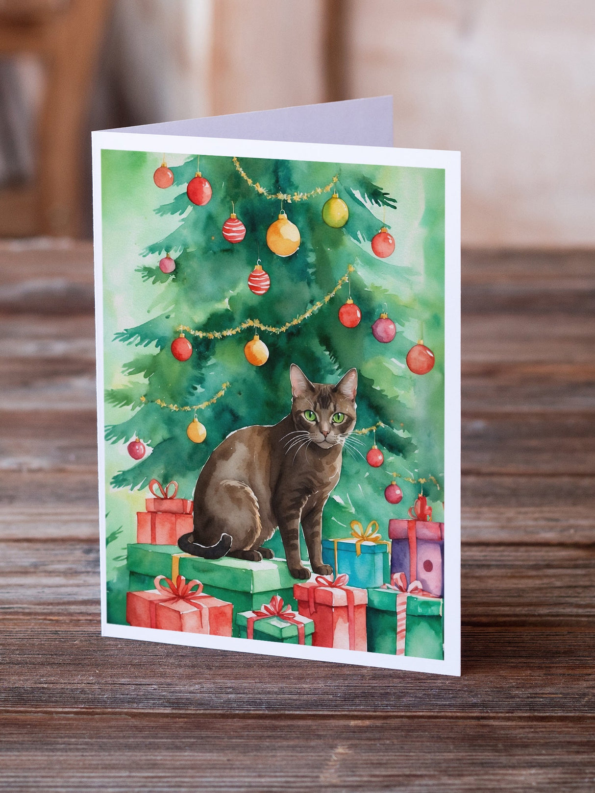 Havana Brown Cat By the Christmas Tree Greeting Cards Pack of 8