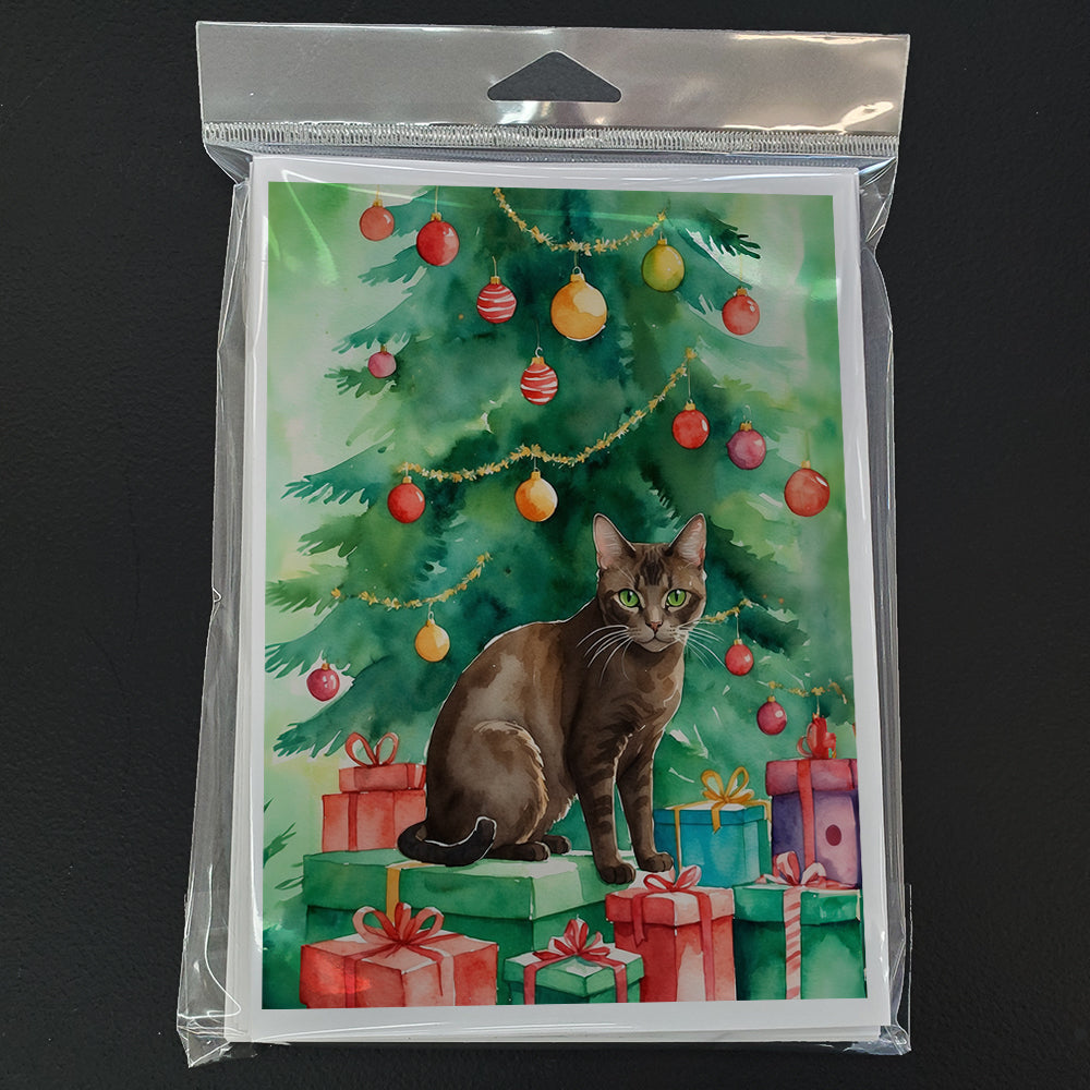 Havana Brown Cat By the Christmas Tree Greeting Cards Pack of 8