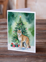 Highlander Lynx Cat By the Christmas Tree Greeting Cards Pack of 8