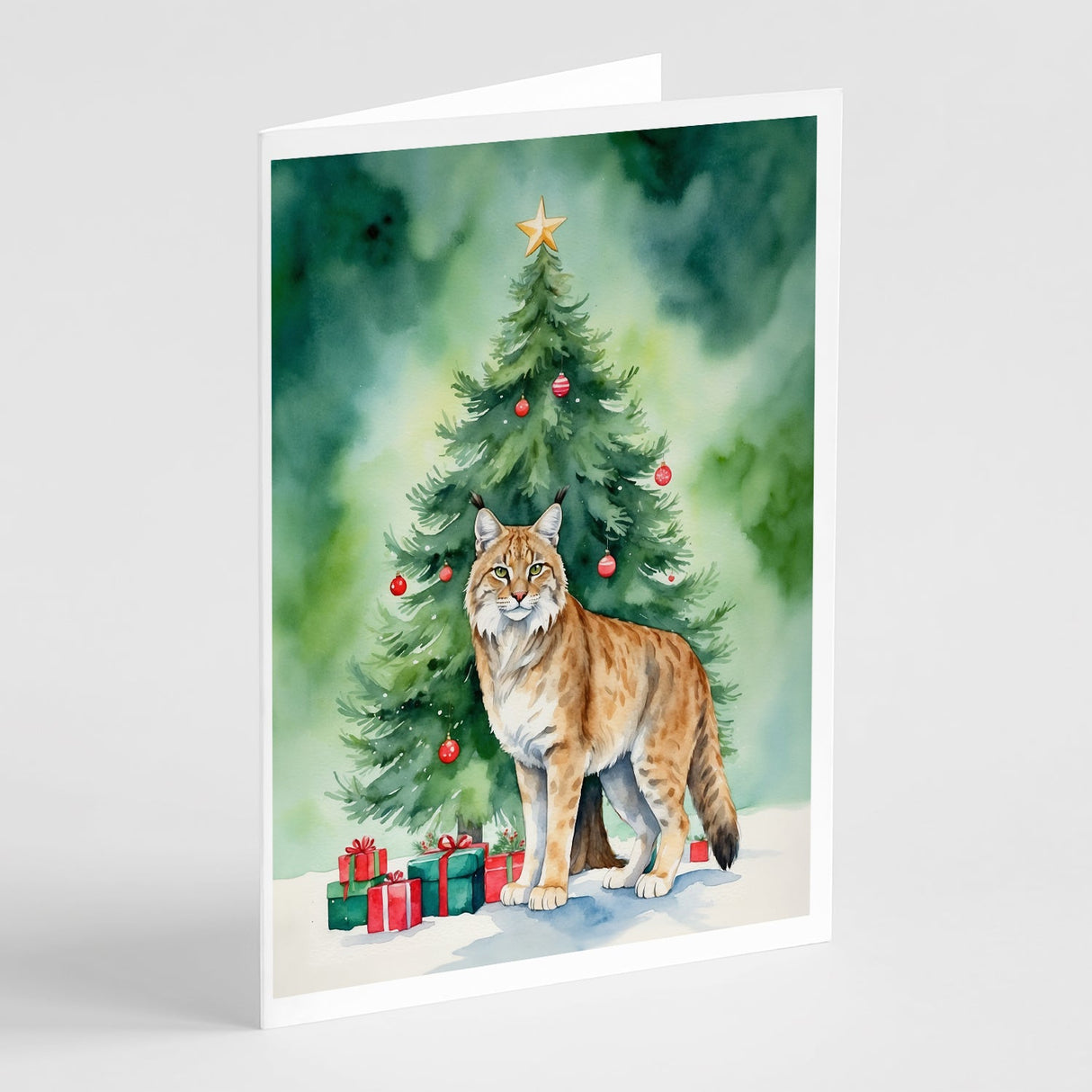 Highlander Lynx Cat By the Christmas Tree Greeting Cards Pack of 8