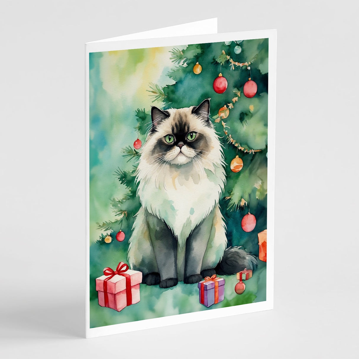 Himalayan Cat By the Christmas Tree Greeting Cards Pack of 8