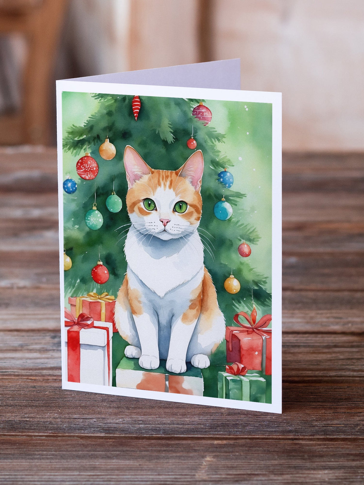 Japanese Bobtail Cat By the Christmas Tree Greeting Cards Pack of 8