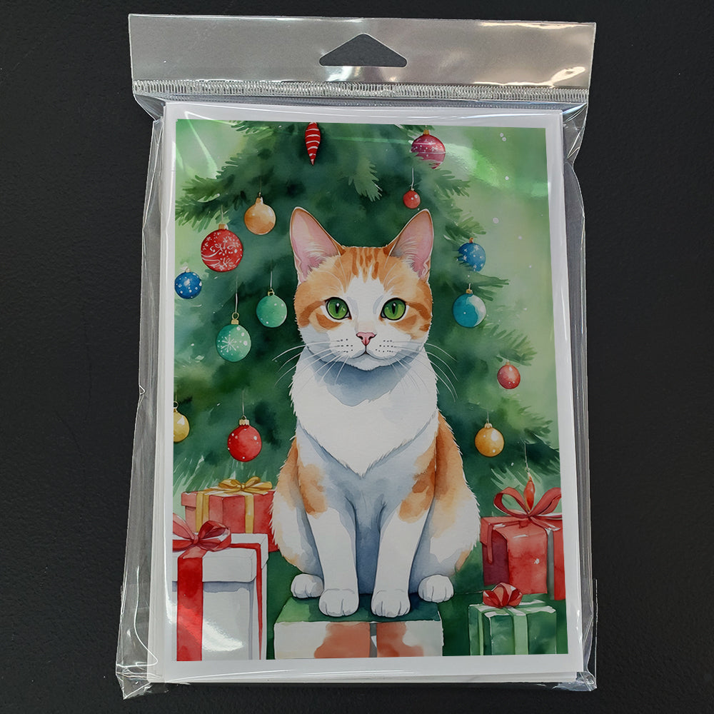 Japanese Bobtail Cat By the Christmas Tree Greeting Cards Pack of 8