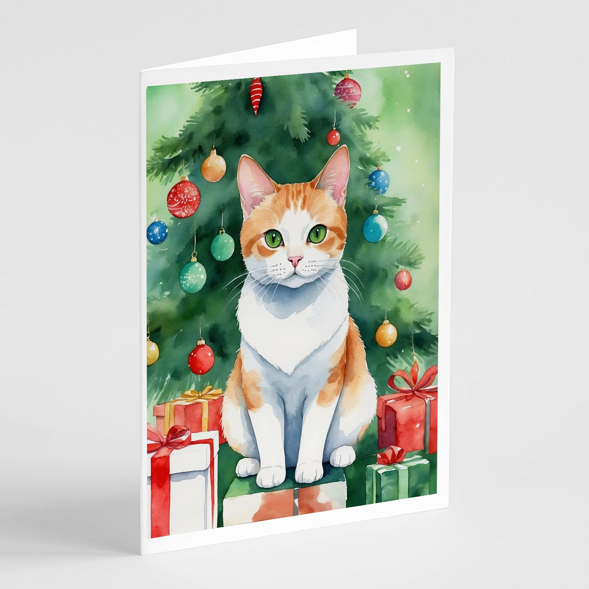 Japanese Bobtail Cat By the Christmas Tree Greeting Cards Pack of 8