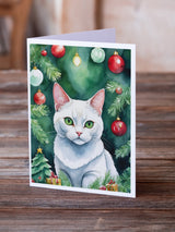 Khao Manee Cat By the Christmas Tree Greeting Cards Pack of 8