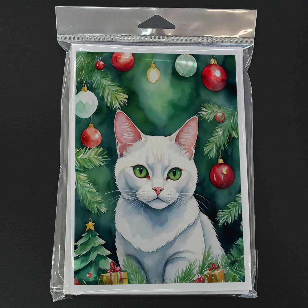 Khao Manee Cat By the Christmas Tree Greeting Cards Pack of 8