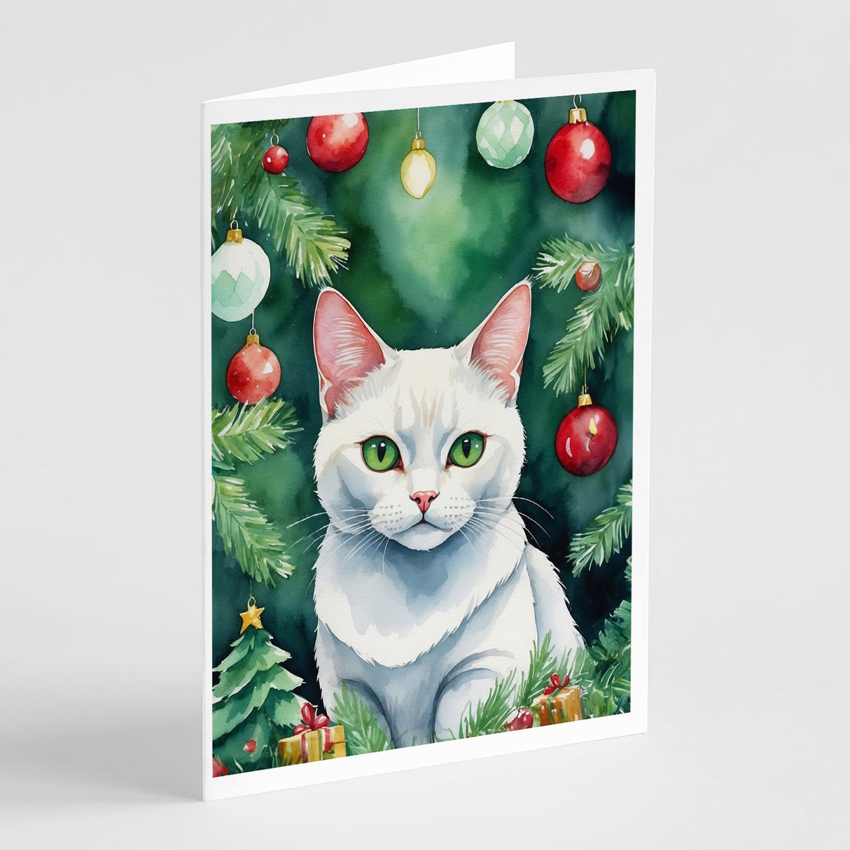 Khao Manee Cat By the Christmas Tree Greeting Cards Pack of 8