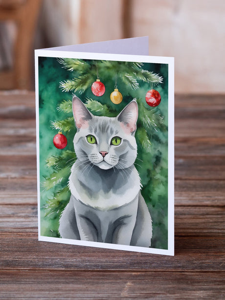 Korat Cat By the Christmas Tree Greeting Cards Pack of 8