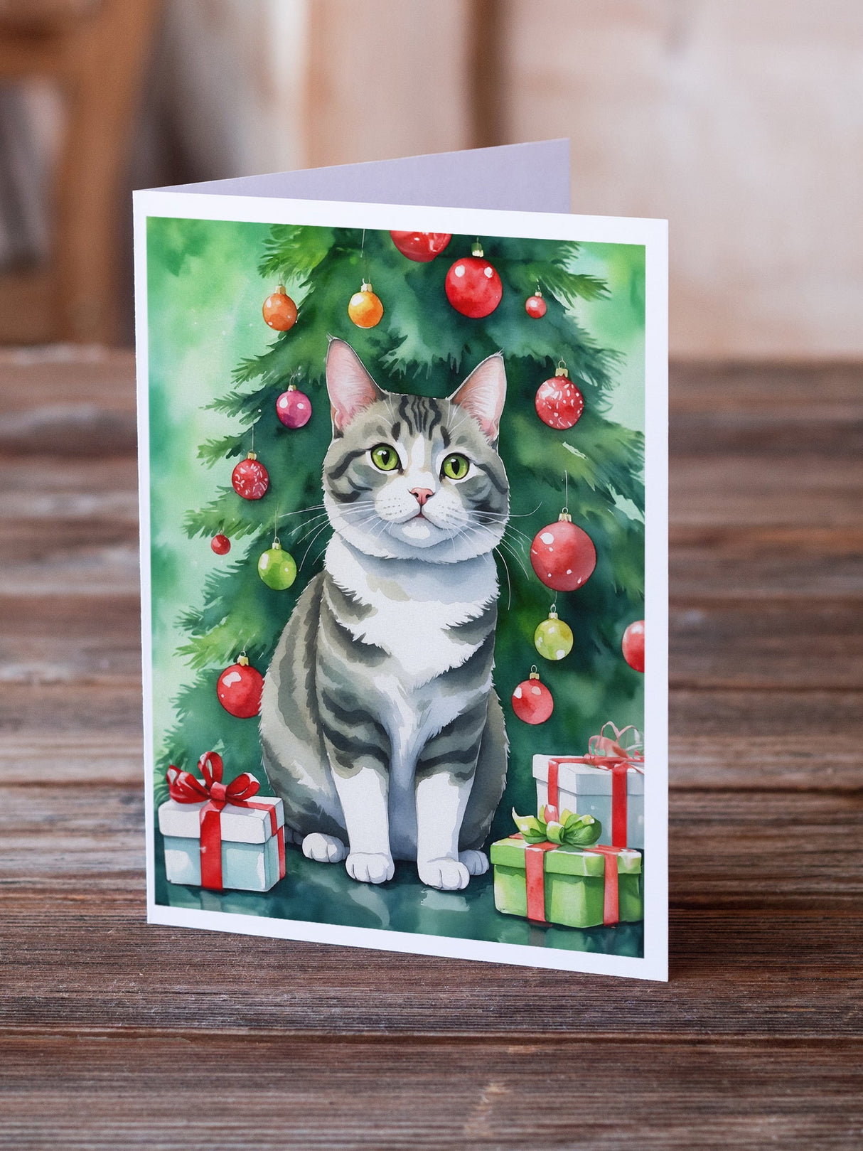 Korean Bobtail Cat By the Christmas Tree Greeting Cards Pack of 8