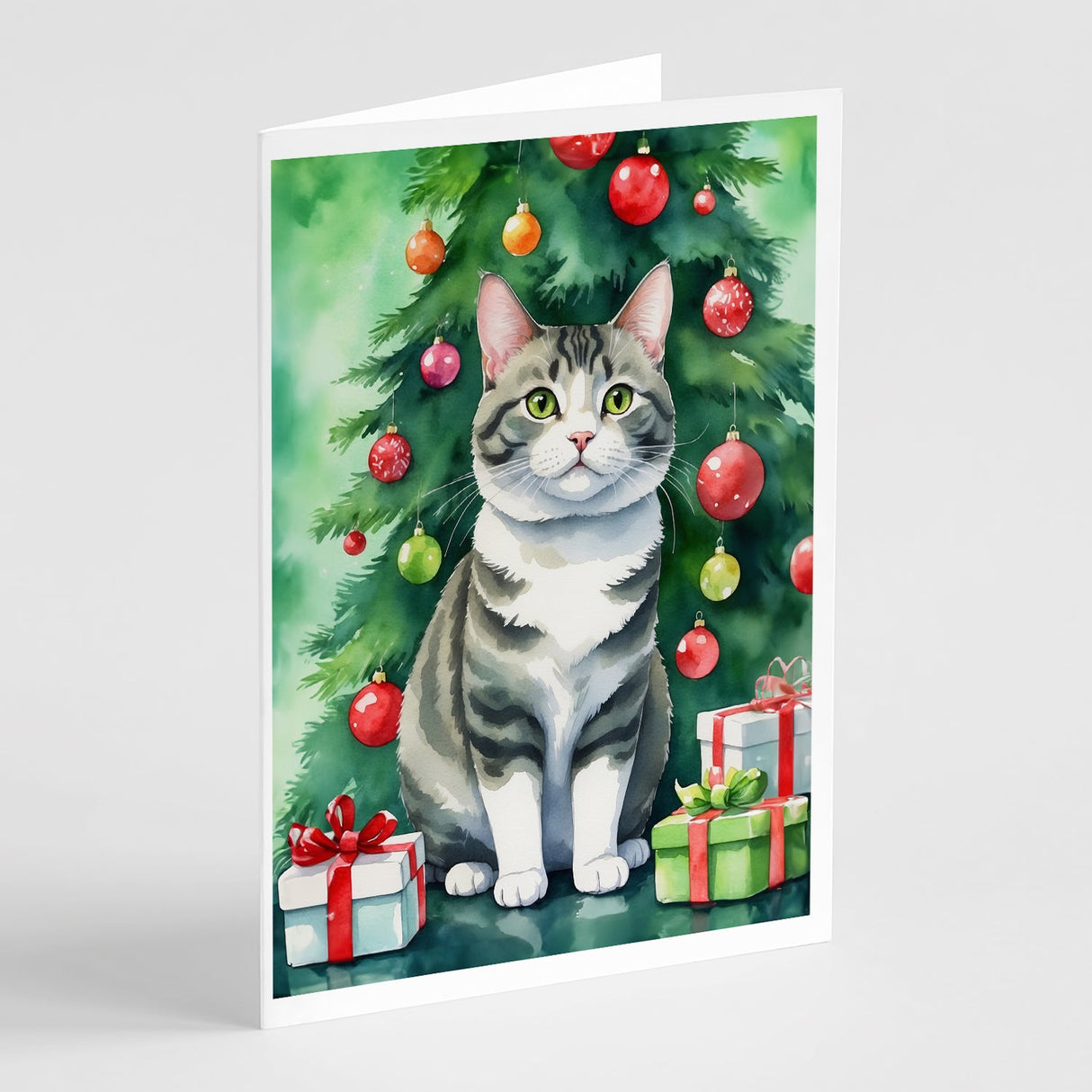 Korean Bobtail Cat By the Christmas Tree Greeting Cards Pack of 8