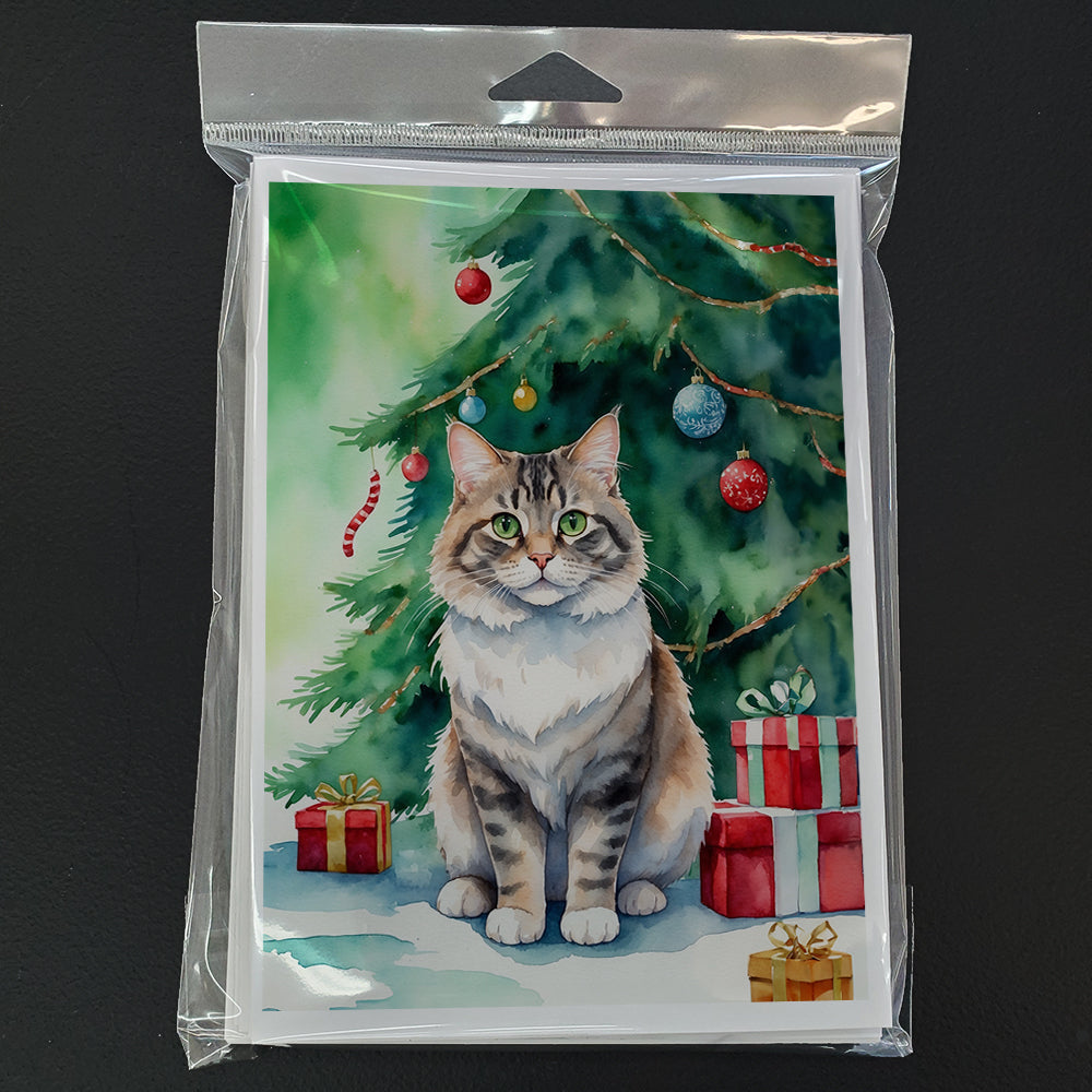 Kurilian Bobtail Cat By the Christmas Tree Greeting Cards Pack of 8