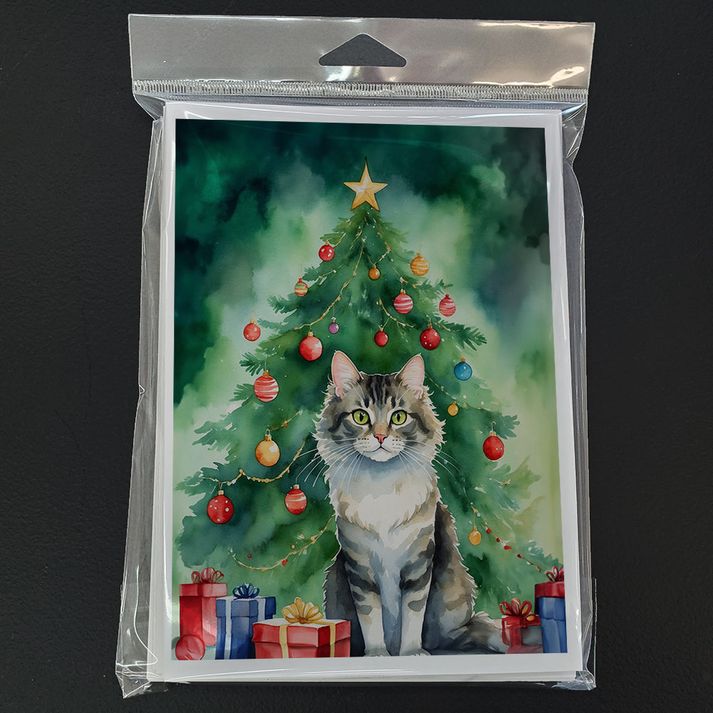 La Perm Cat By the Christmas Tree Greeting Cards Pack of 8