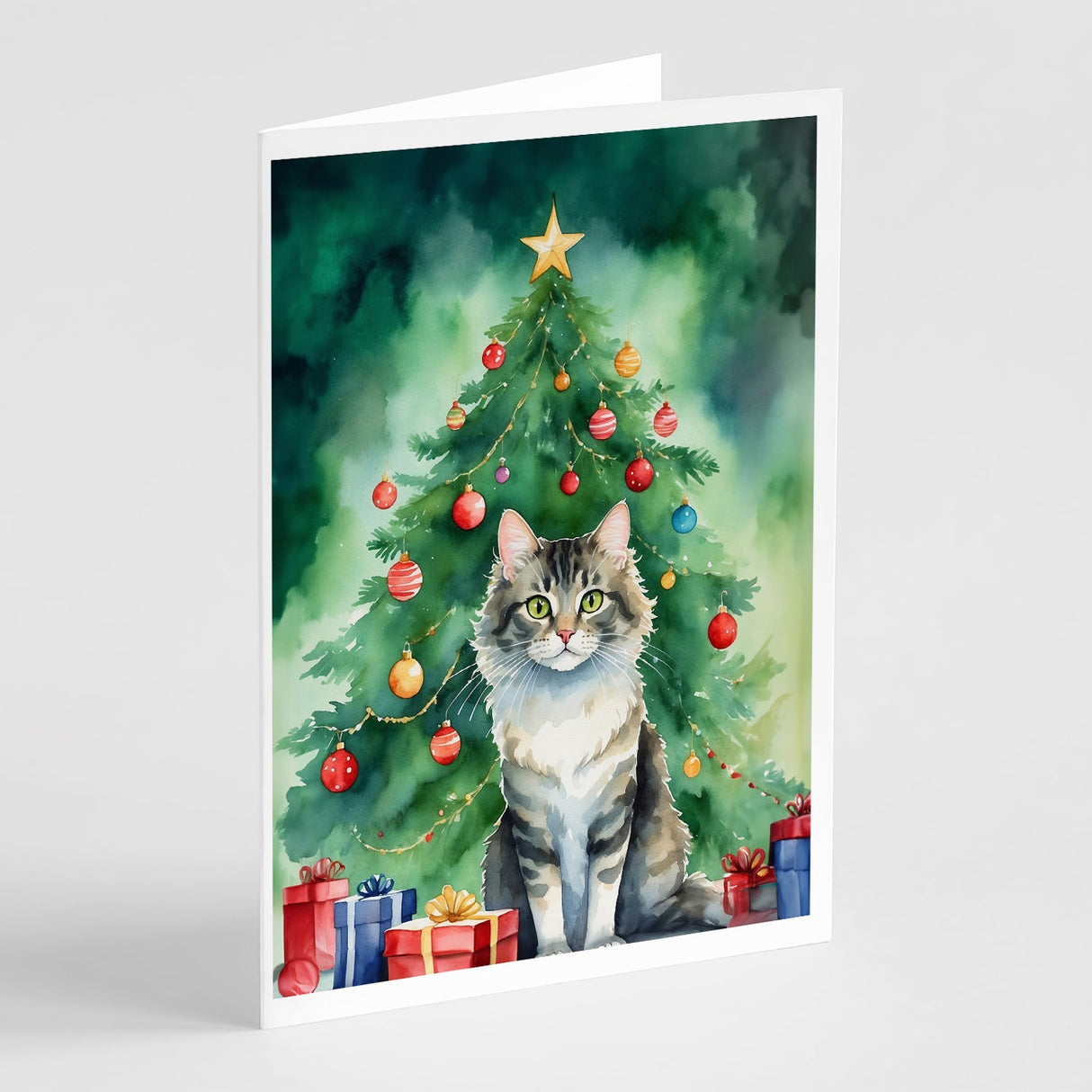 La Perm Cat By the Christmas Tree Greeting Cards Pack of 8