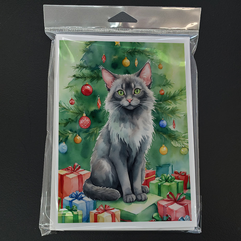 Lykoi Cat By the Christmas Tree Greeting Cards Pack of 8