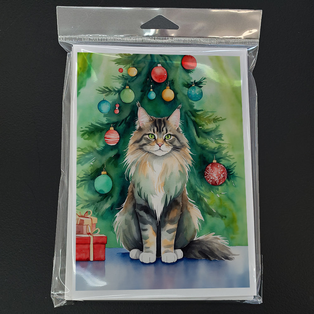 MaineCoon Cat By the Christmas Tree Greeting Cards Pack of 8