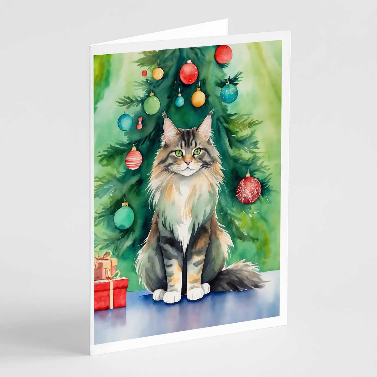 MaineCoon Cat By the Christmas Tree Greeting Cards Pack of 8