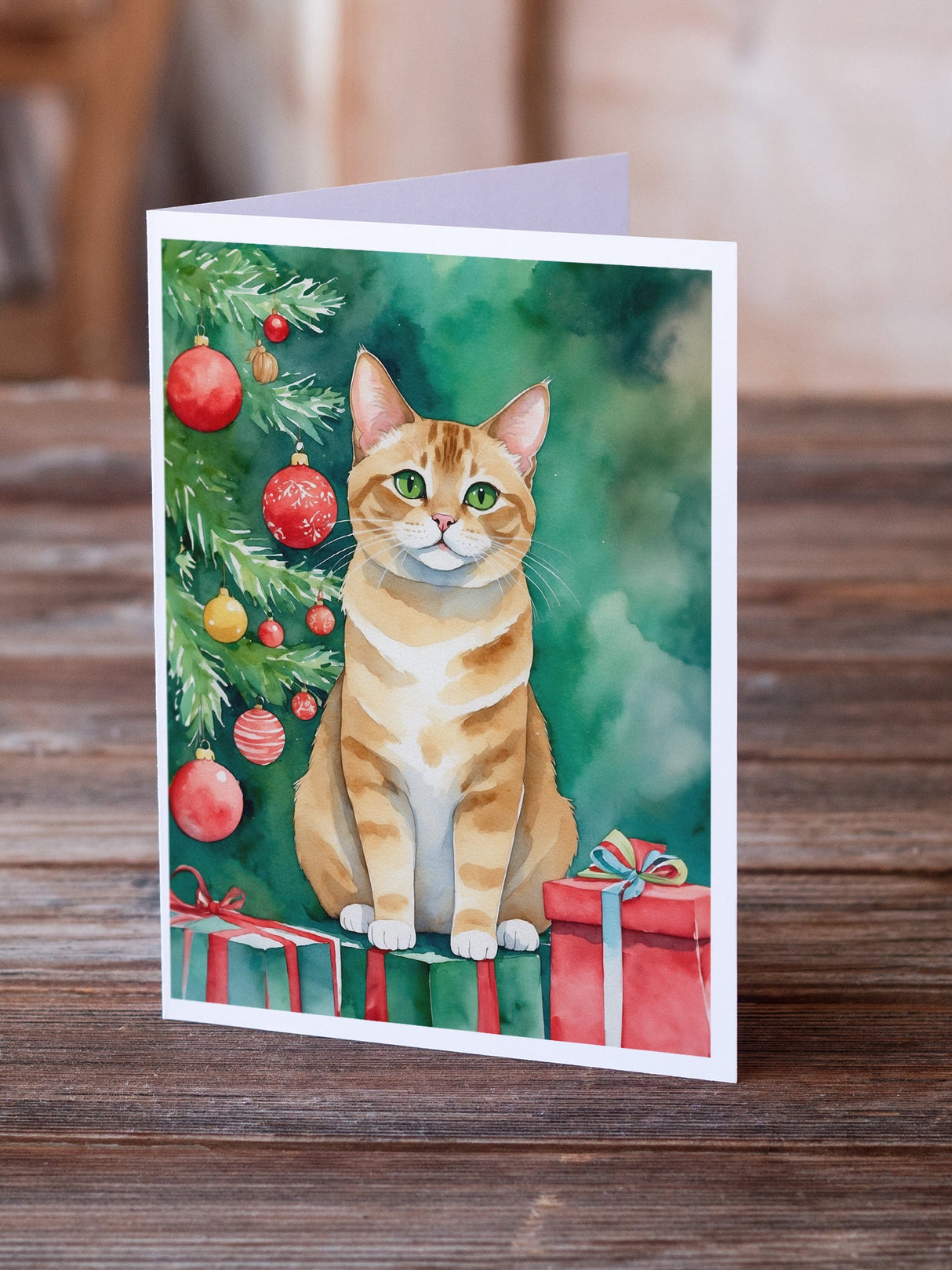 Malayan Cat By the Christmas Tree Greeting Cards Pack of 8