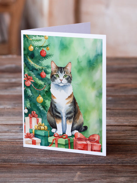 Manx Cat By the Christmas Tree Greeting Cards Pack of 8