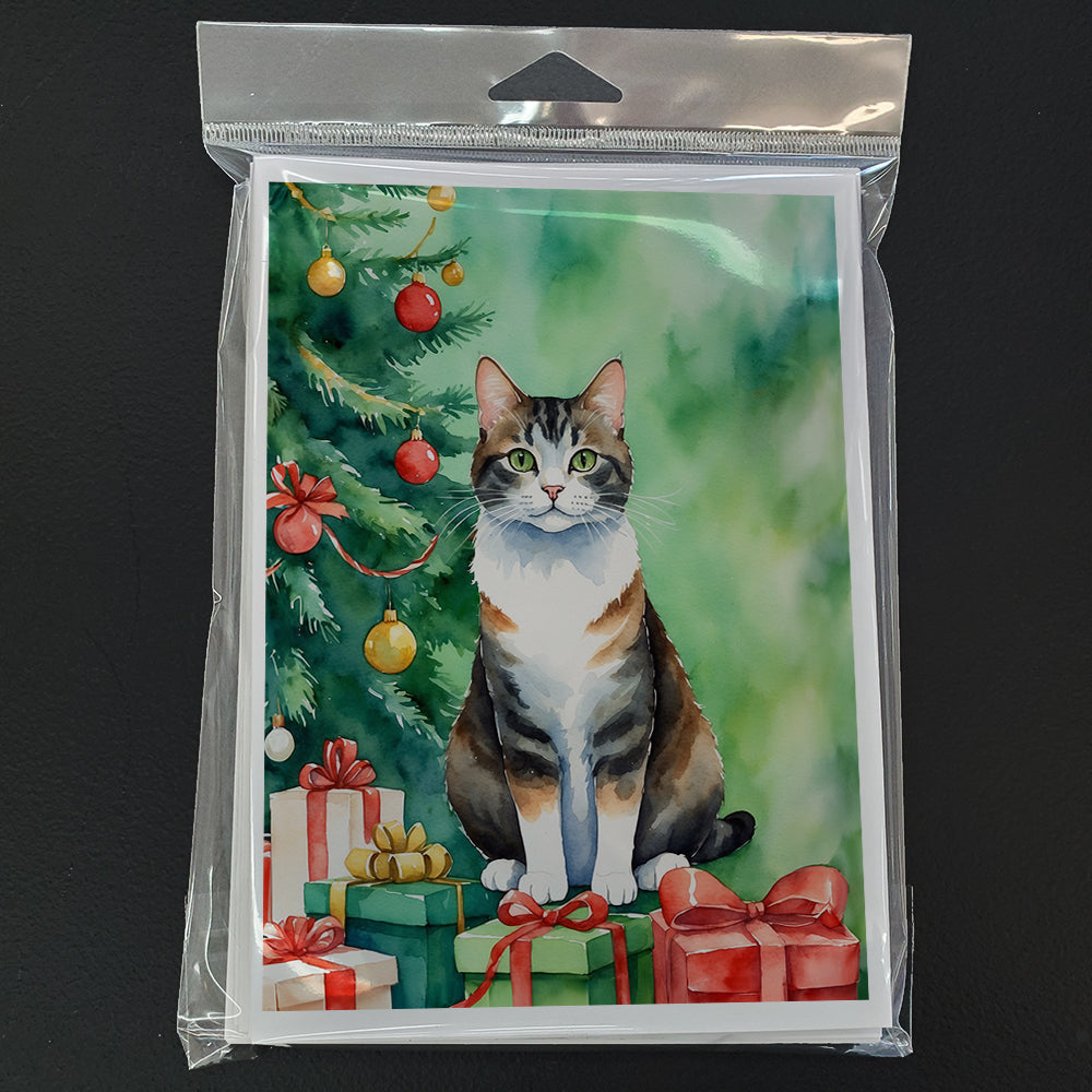 Manx Cat By the Christmas Tree Greeting Cards Pack of 8