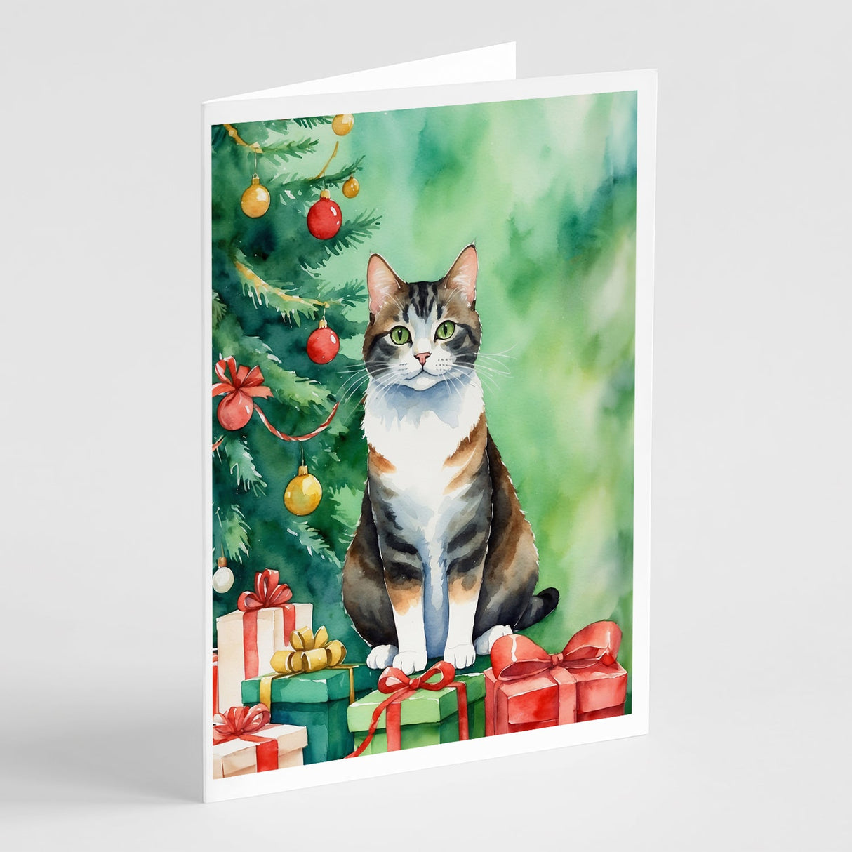 Manx Cat By the Christmas Tree Greeting Cards Pack of 8