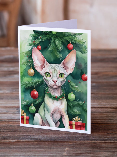 Minskin Cat By the Christmas Tree Greeting Cards Pack of 8