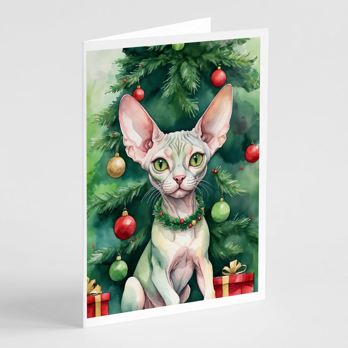 Minskin Cat By the Christmas Tree Greeting Cards Pack of 8