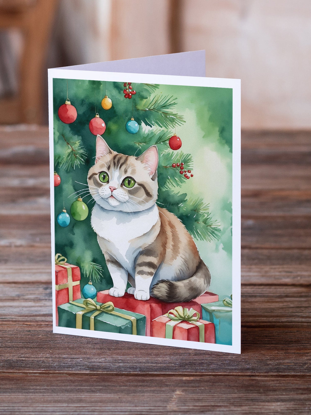 Munchkin Cat By the Christmas Tree Greeting Cards Pack of 8