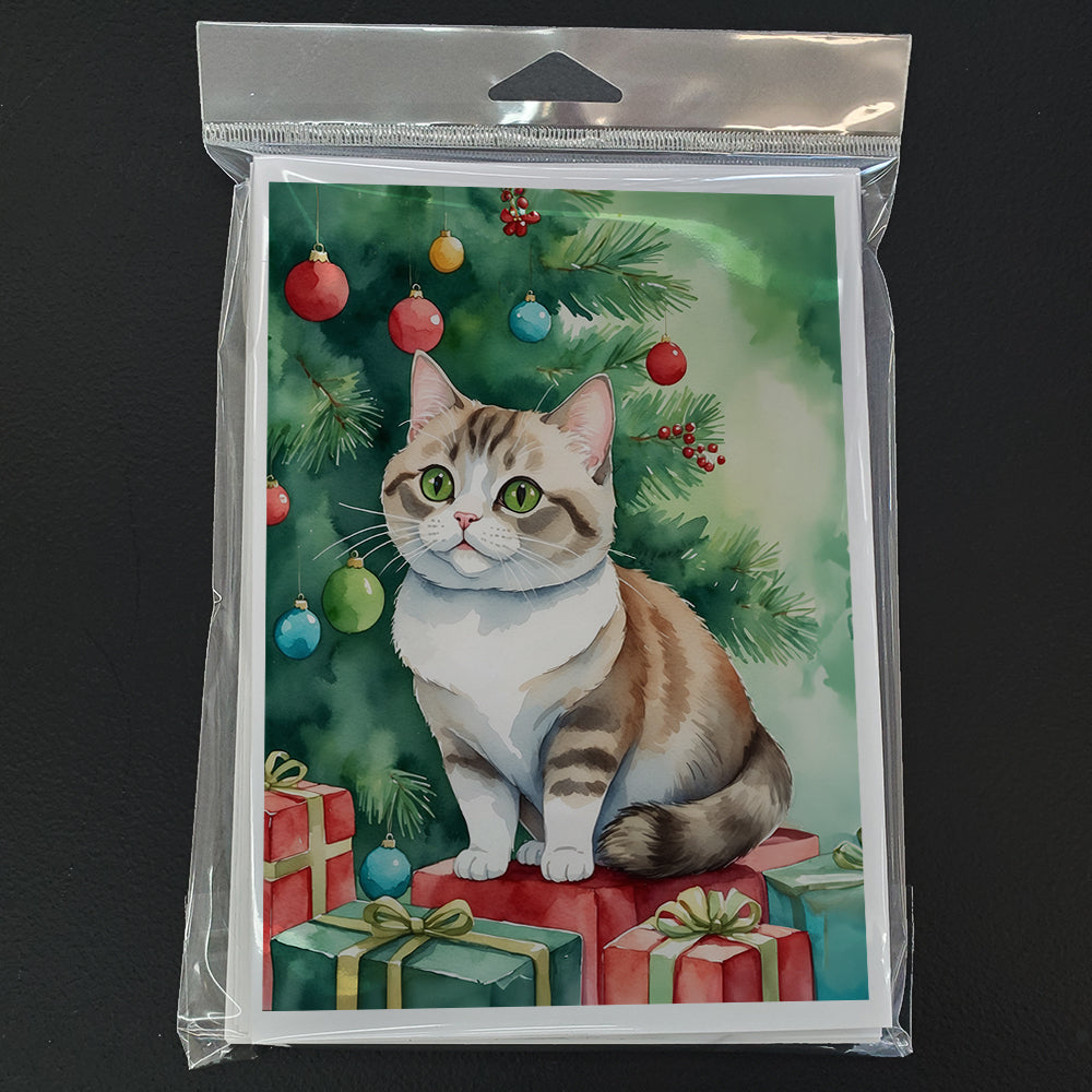 Munchkin Cat By the Christmas Tree Greeting Cards Pack of 8