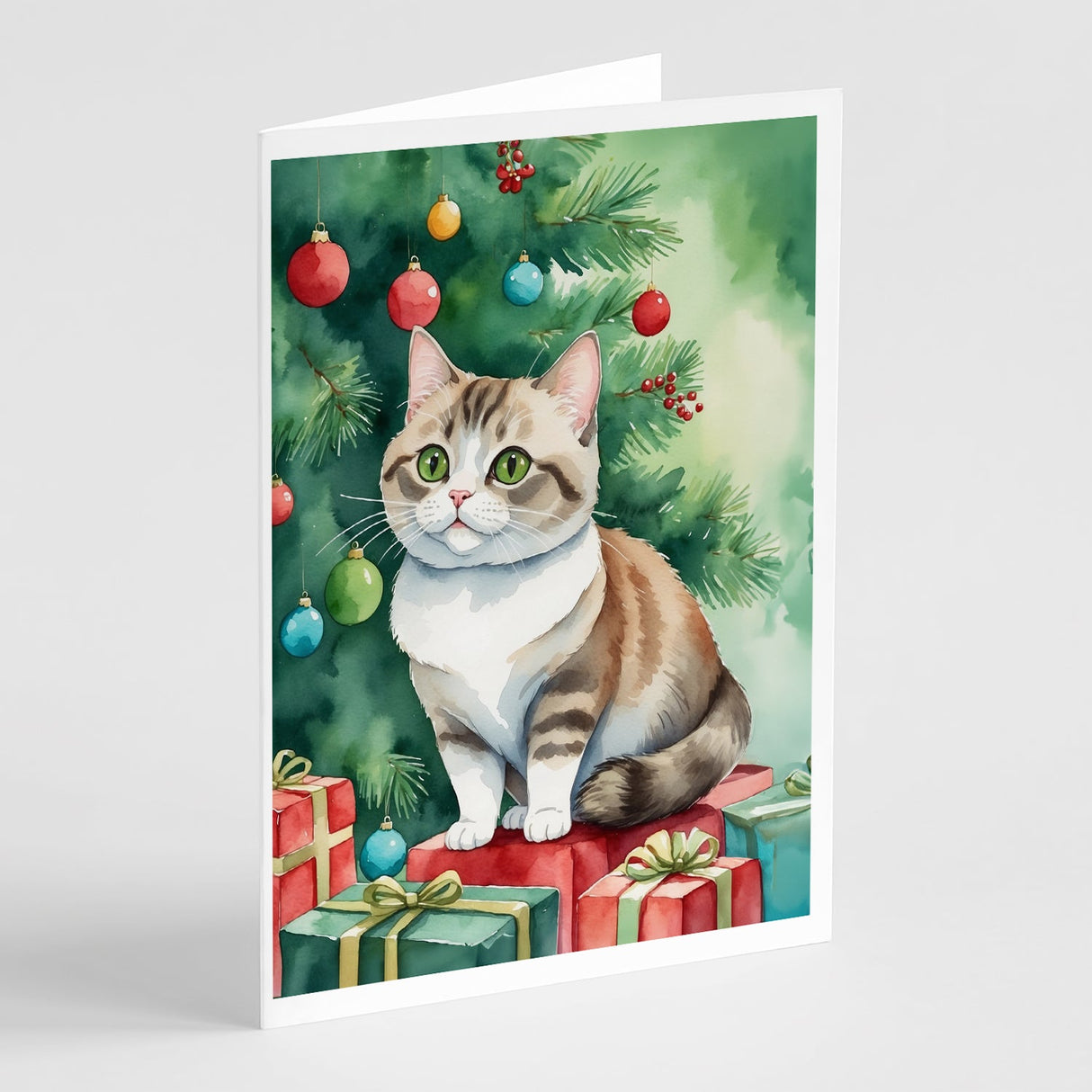 Munchkin Cat By the Christmas Tree Greeting Cards Pack of 8