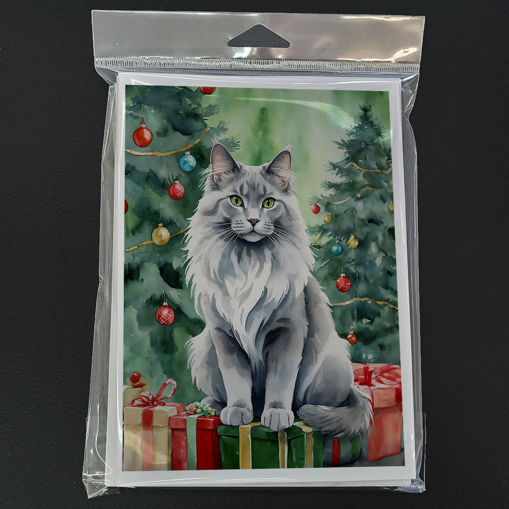 Nebelung Cat By the Christmas Tree Greeting Cards Pack of 8