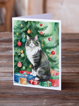 Norwegian Forest Cat By the Christmas Tree Greeting Cards Pack of 8