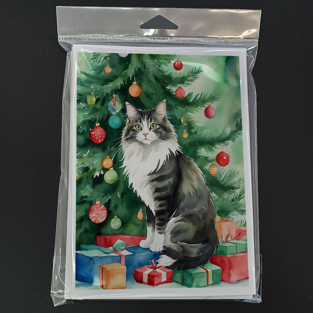 Norwegian Forest Cat By the Christmas Tree Greeting Cards Pack of 8