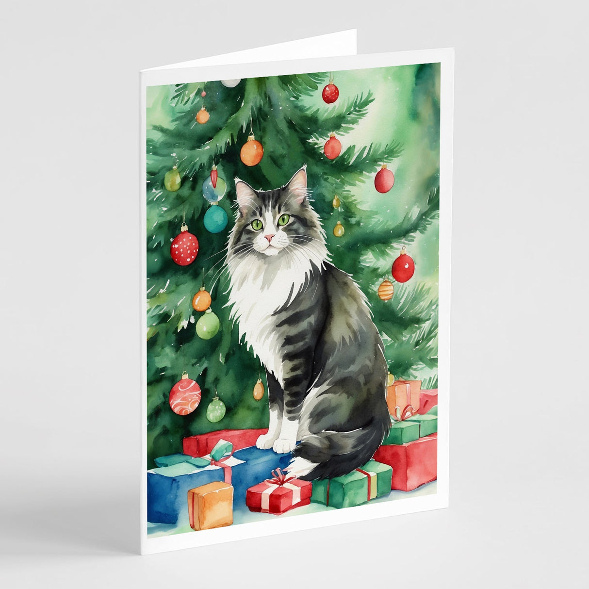 Norwegian Forest Cat By the Christmas Tree Greeting Cards Pack of 8