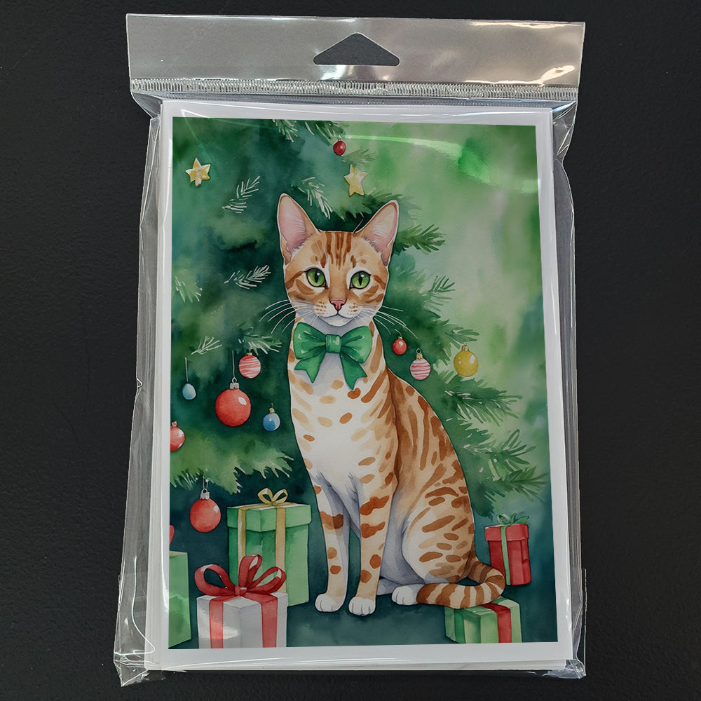 Ocicat Cat By the Christmas Tree Greeting Cards Pack of 8