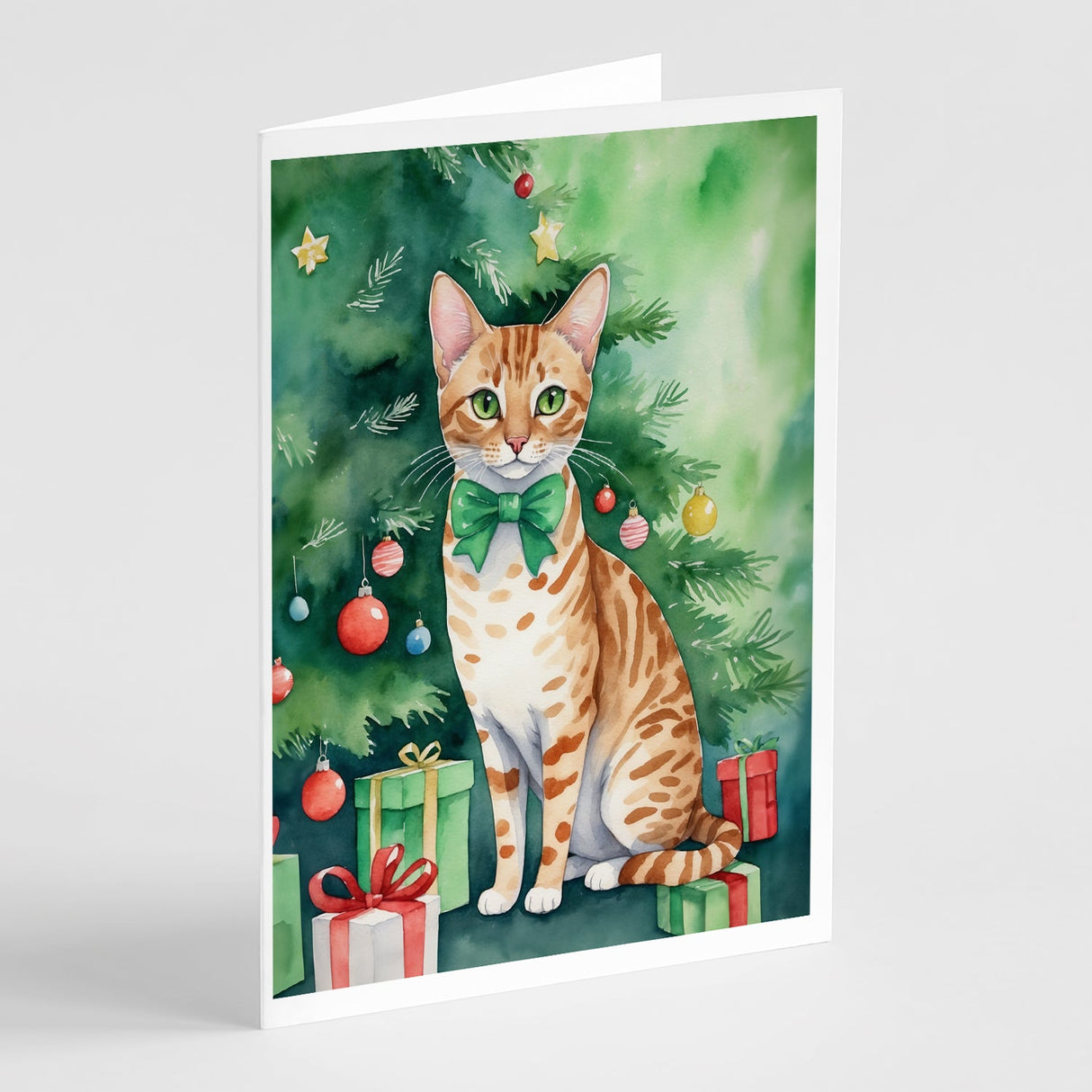 Ocicat Cat By the Christmas Tree Greeting Cards Pack of 8